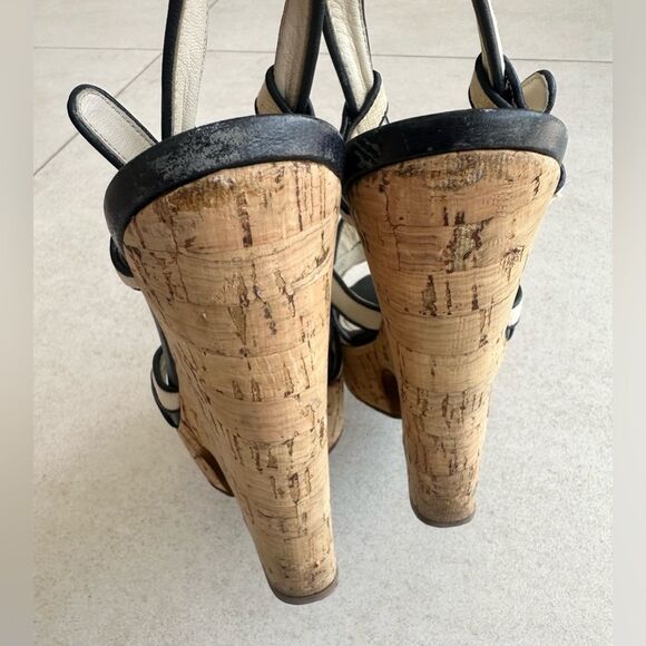 Yves Saint Laurent White/Navy Blue Canvas Deauville Cork Wedge Sandals Size 39 - Picture 9 of 10